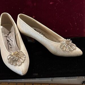 Embellished Ivory Glitter Low Heel Pumps by Kari